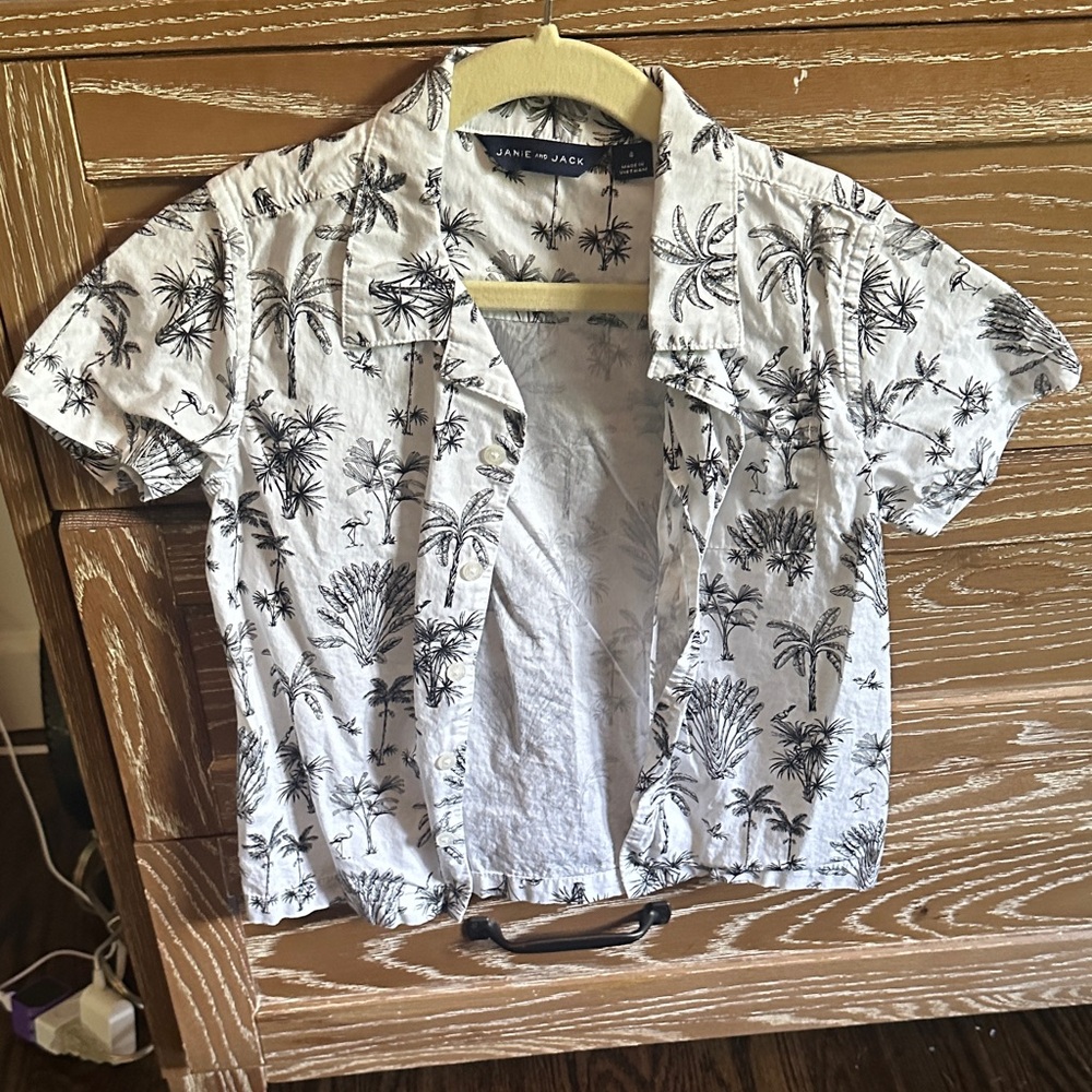 Janie and Jack White Shirt with Black Palm Print